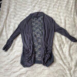 American Dream Women's Blue Rayon Floral Sheer Back Open Cardigan Sweater Size L